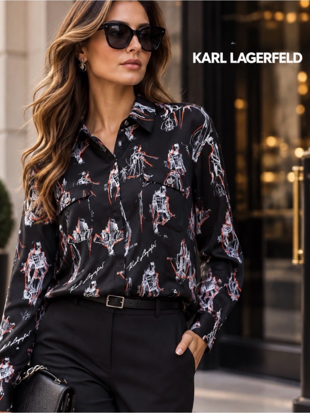 Karl Lagerfeld Paris Black Graphic Print Button-Up Blouse Women’s XL